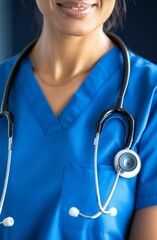 Smiling nurse in scrubs with stethoscope poses for a portrait against a dark background