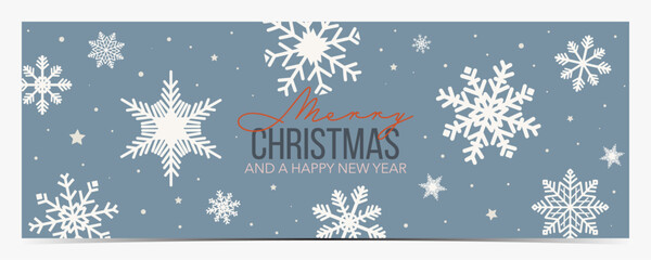 Christmas greetings banner with white snowflakes on blue background and colorful text vector illustration © mimi