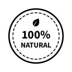 100% natural label stamp badge. Green round leaf sticker template. Nature, healthy, ecology, environment, guarantee concepts. Flat vector design isolated illustration.