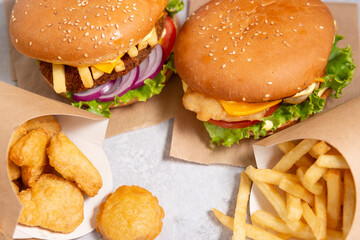 burgers and French fries, nuggets, free space for your text, food banner