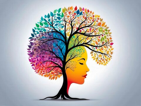 Colorful brain tree growing inside woman head represents strong mind full of emotions. 