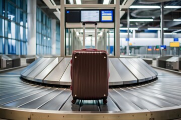 Suitcase on airport conveyor belt, surrounded by spacious, well lit baggage claim