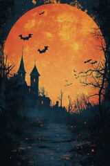 Fototapeta premium Eerie orange moon rises over a dark forest and spooky village at night