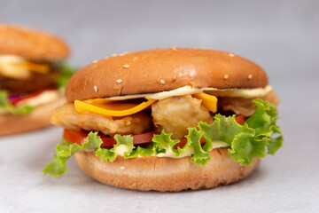 burger with chicken, cheese, salad, tomato png for menu, banner