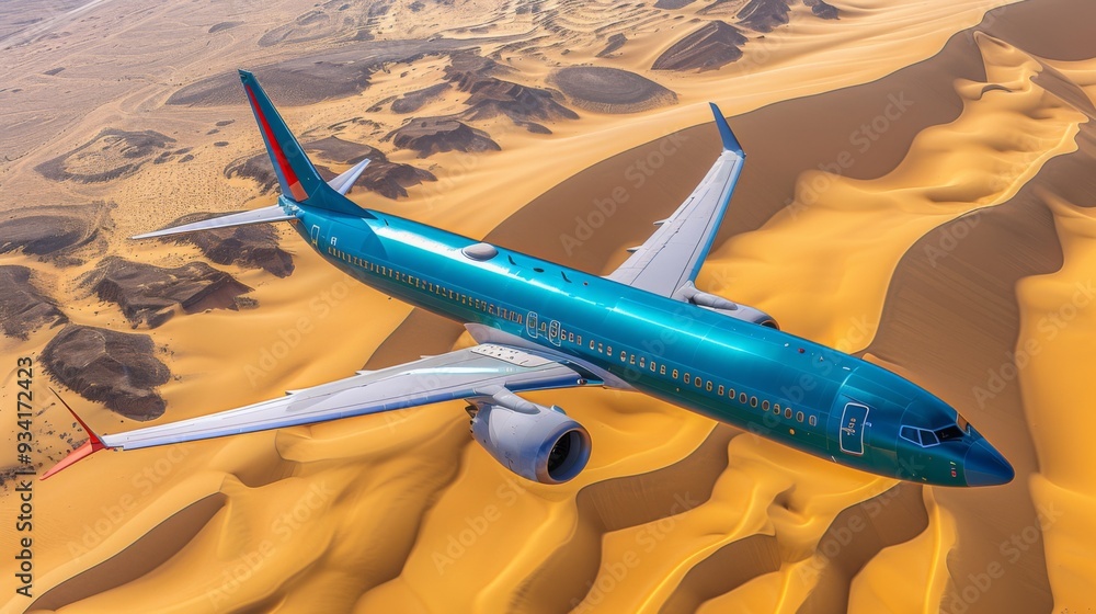 Poster desert dunes depict an airplanes shadow stretching across endless desert dunes, with the shifting sa
