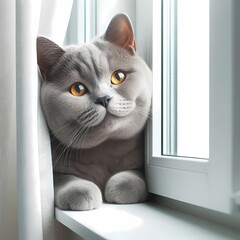 Cute Cat sitting near the window, enjoying the view with sunlight streaming in, perfect for cozy indoor cat photos.