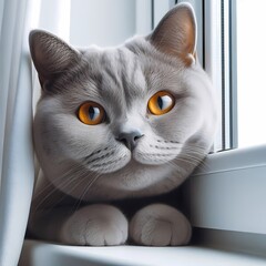 Cute Cat by the window, gazing outside with a serene expression, highlighting a tranquil indoor scene with soft sunlight.