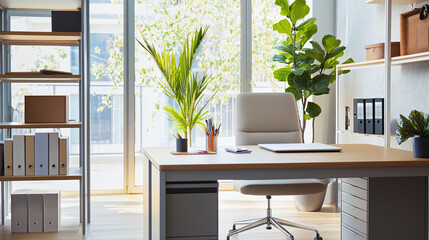 a stylish home office setup with a large desk, a potted plant, and an organized workspace