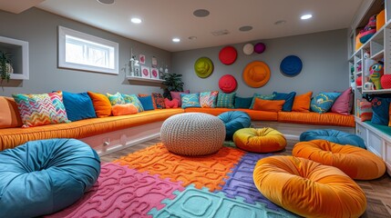 Design a contemporary basement playroom for kids, with colorful decor, interactive toys, and designated areas for games and activities.