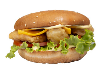 burger with chicken, cheese, salad, tomato png for menu, banner