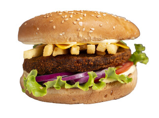 burger with beef, cheese, French fries, salad, onion, tomato png for menu
