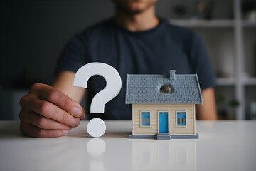 Hand holds question mark beside a miniature beige house