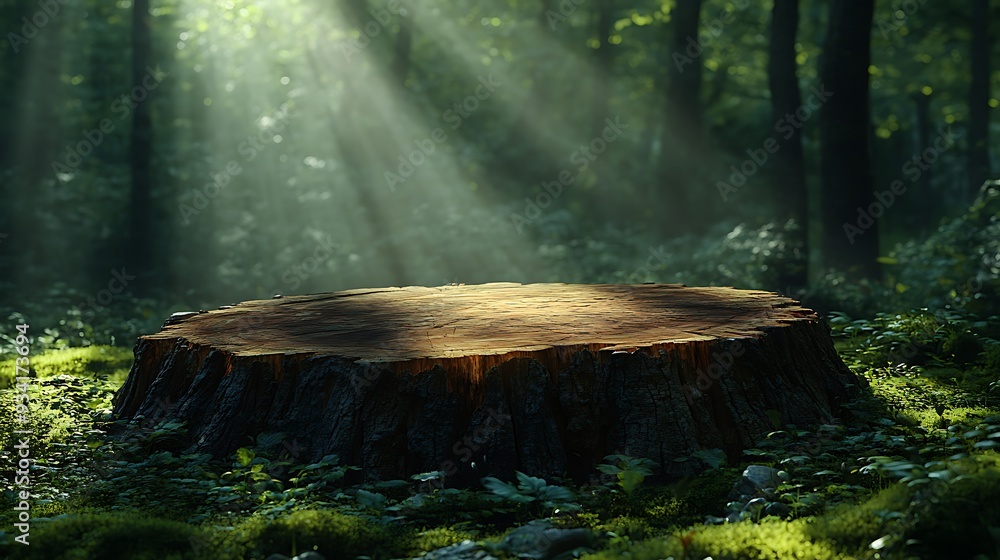 Poster a tree stump in a forest with sunlight shining through the trees.