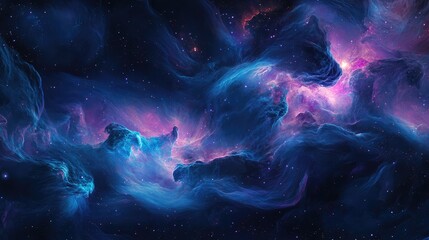 Waves of nebulae swirling in the night sky, featuring a rich palette of blues, purples, and pinks, glowing with cosmic energy.