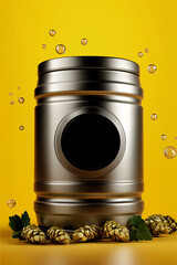 Stainless Steel Beer Kegs with Hops and Bubbles