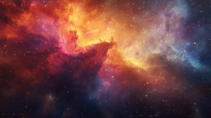 Waves of nebulae swirling in cosmic harmony, a rich blend of colors with soft light transitions and starry accents.