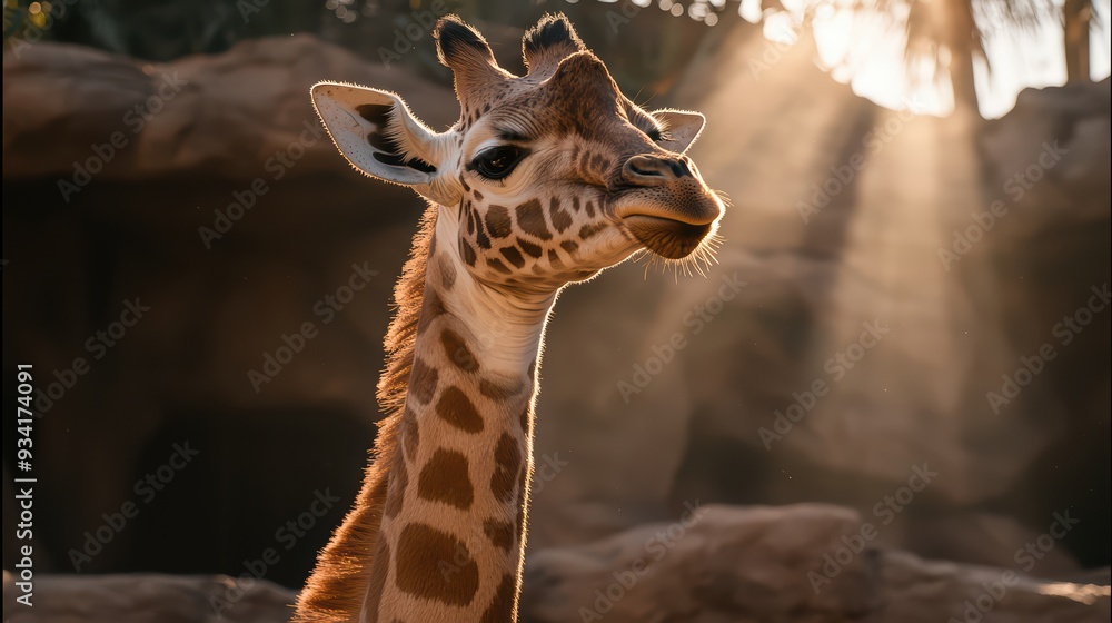 Poster a close-up of a giraffe in soft sunlight, showcasing its unique patterns and serene gaze among a nat