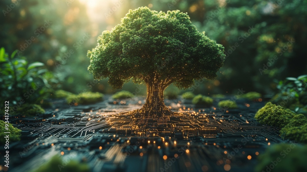 Aufkleber tree integrated with circuit board in forest, merging nature and technology concept