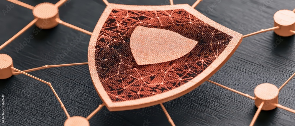 Poster a close-up view of a copper shield symbolizing security within a network of interconnected nodes. id