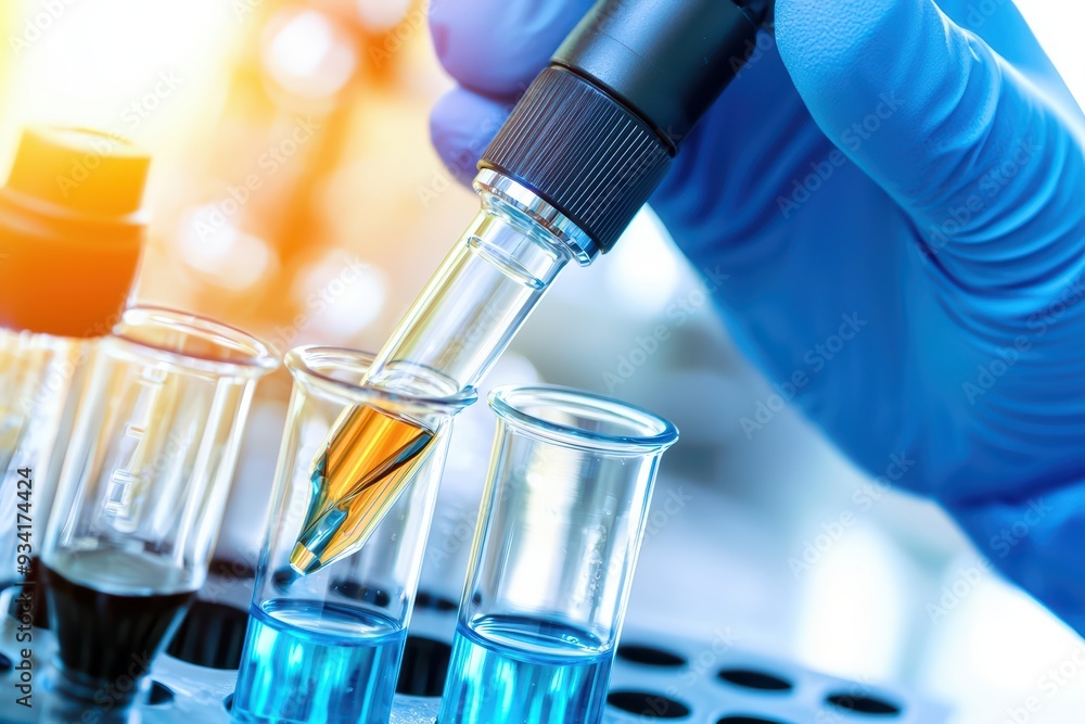 Poster a close-up of a scientist's hand using a pipette to transfer liquid into a test tube in a modern lab