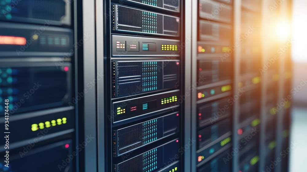 Poster a close-up view of modern server racks showcasing data technology and connectivity in a data center 