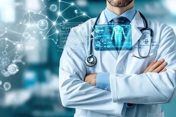 A confident doctor in a lab coat with digital medical data, symbolizing modern healthcare and innovation in medicine.