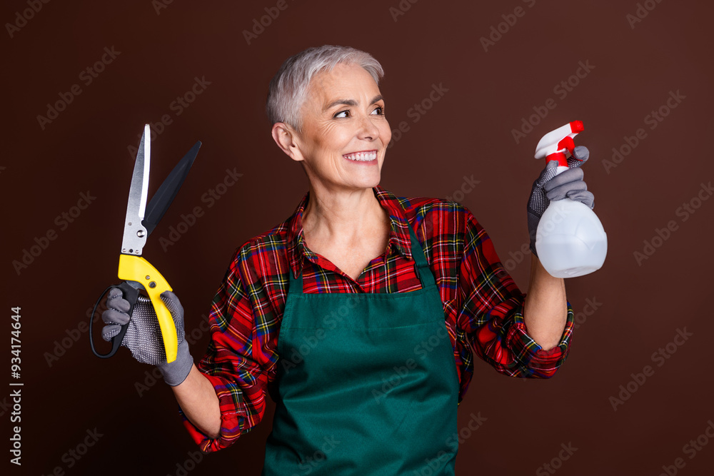 Poster Photo of lovely pretty woman decorator designer wear red checkered shirt look empty space isolated on brown color background