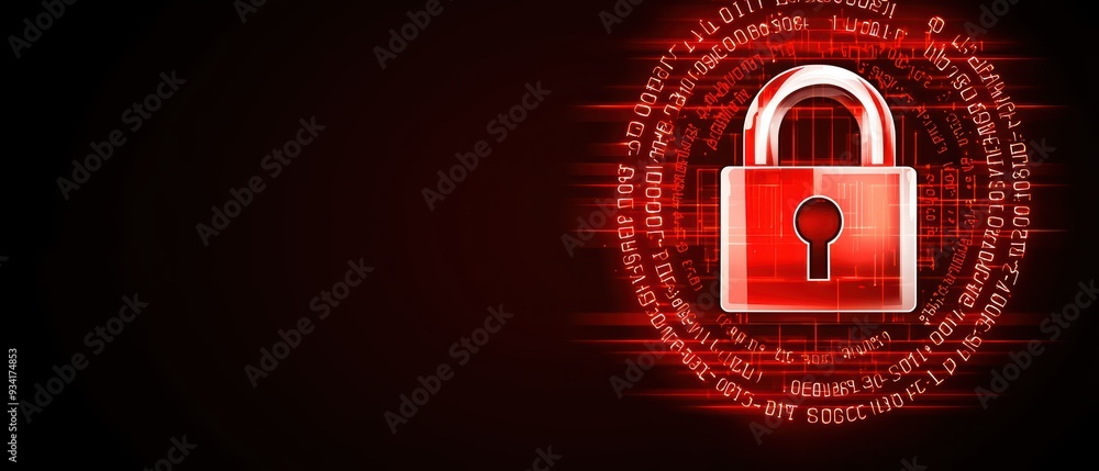 Poster a digital lock symbol over a glowing red background, representing cybersecurity and data protection 