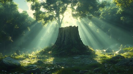 Obraz premium A tree stump in a forest with sunlight streaming through the trees.