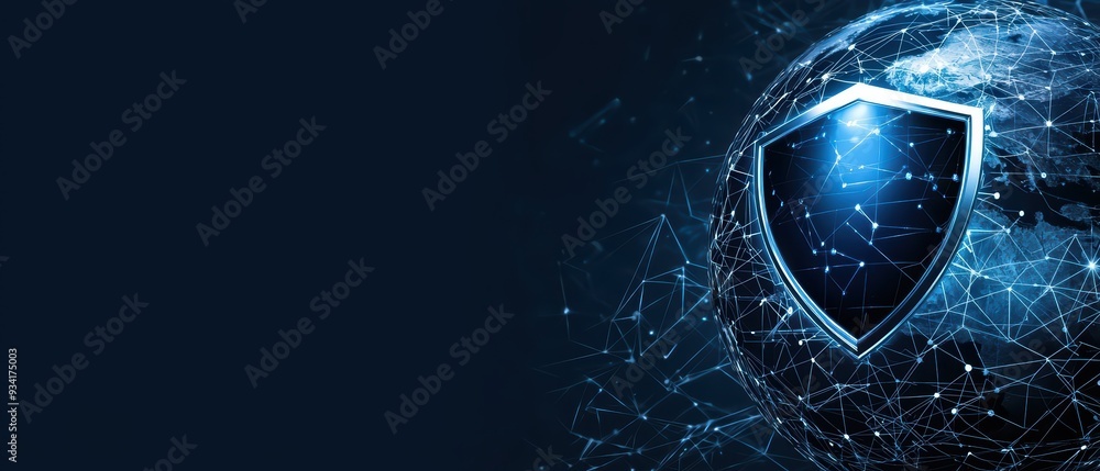 Poster a digital shield symbolizing security, surrounded by a network of connections, representing cyber pr