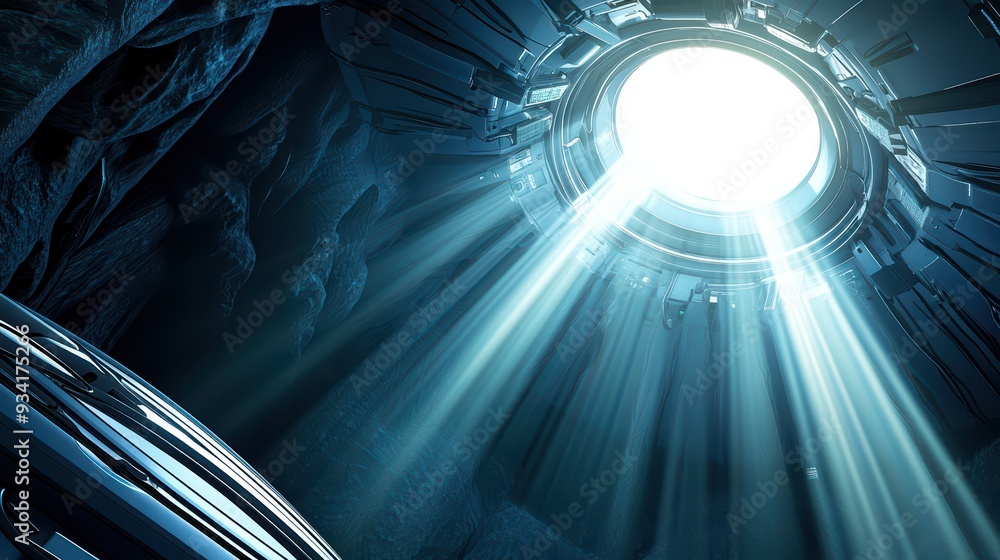 Poster a dramatic view from a cave looking up at a bright circular opening with beams of light illuminating