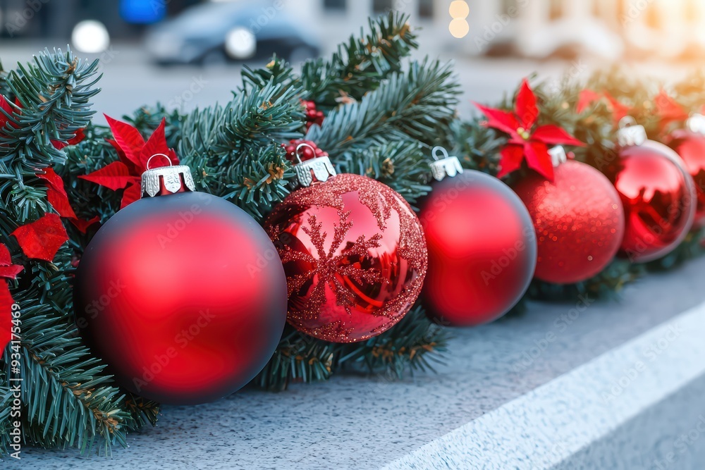 Wall mural A festive arrangement of red and gold Christmas ornaments on a green Christmas garland, perfect for holiday decor.