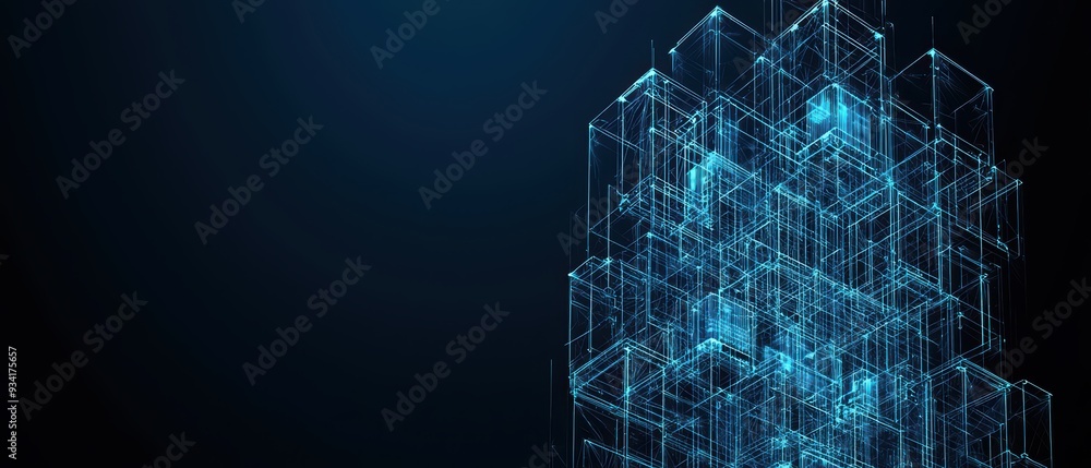 Poster a futuristic abstract representation of data structures with glowing blue lines and dark background,