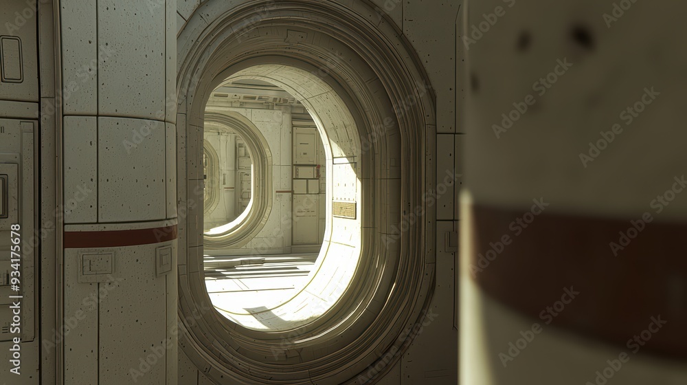 Poster a futuristic corridor featuring circular windows and minimalistic design, conveying a sense of depth