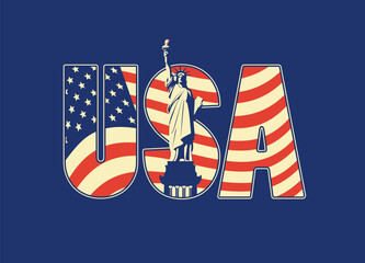 USA letters in the colors of the American flag with the Statue of Liberty on blue background. Vector banner, poster, flyer, t-shirt design, greeting card or design element in flat style © paseven