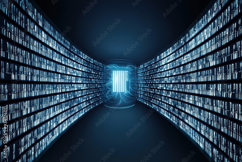 Poster a futuristic digital tunnel with glowing data streams and vibrant light effects, representing advanc