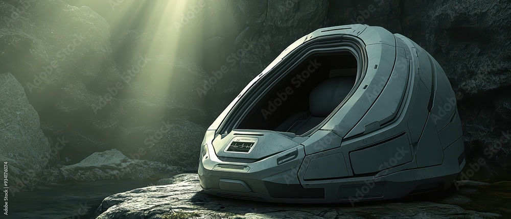 Poster a futuristic pod resting on a rocky surface, illuminated by soft rays of light in a dark cavernous e