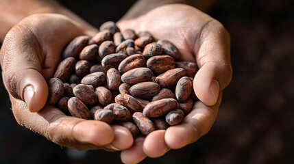 close-up hands holding a pile of premium cocoa beans
