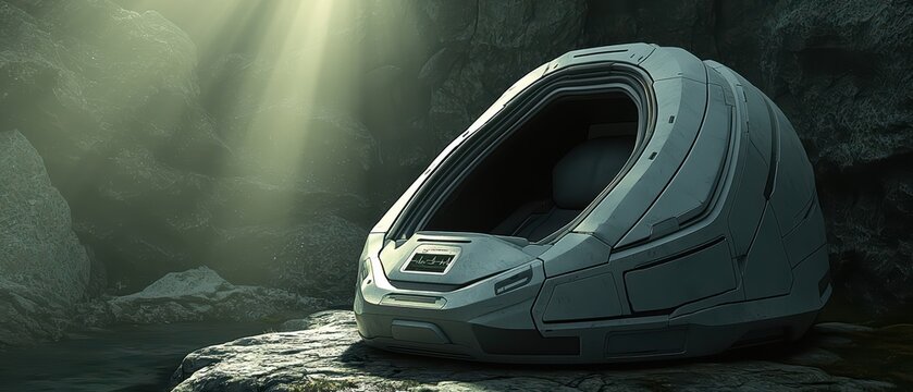 A futuristic pod resting on a rocky surface, illuminated by soft rays of light in a dark cavernous environment.