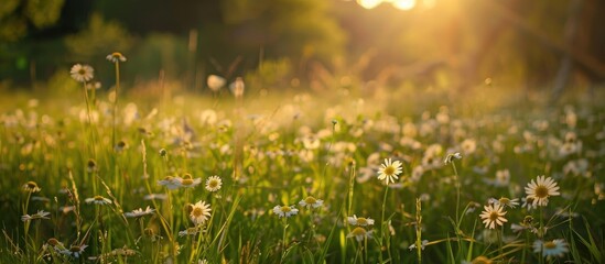 Fototapeta premium Sunny Meadow With Flowers And Green Grass In Spring At Countryside