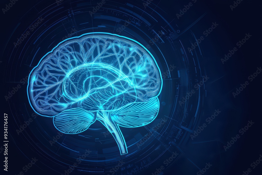 Poster a glowing blueprint of a brain symbolizing intelligence and neural network connections, set against 