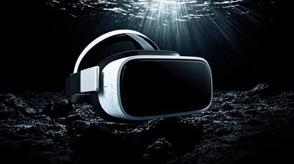 A futuristic virtual reality headset illuminated underwater, representing the blend of technology and creativity in digital experiences.