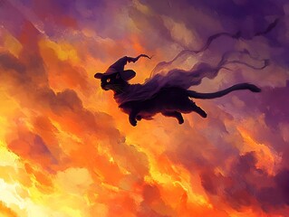 Graceful Feline Witch Gliding Through Dramatic Autumn Sky in Elegant Rococo Digital Art