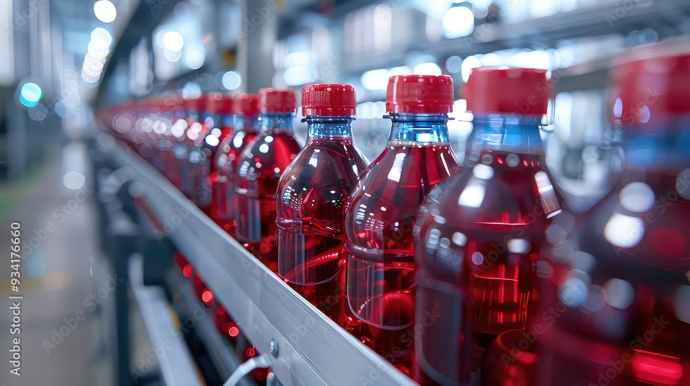 Poster close-up of a row of red-capped bottles on a conveyor belt in a factory.