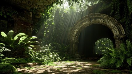 A lush, overgrown jungle scene showcasing a mysterious archway bathed in sunlight, perfect for adventure or nature themes.