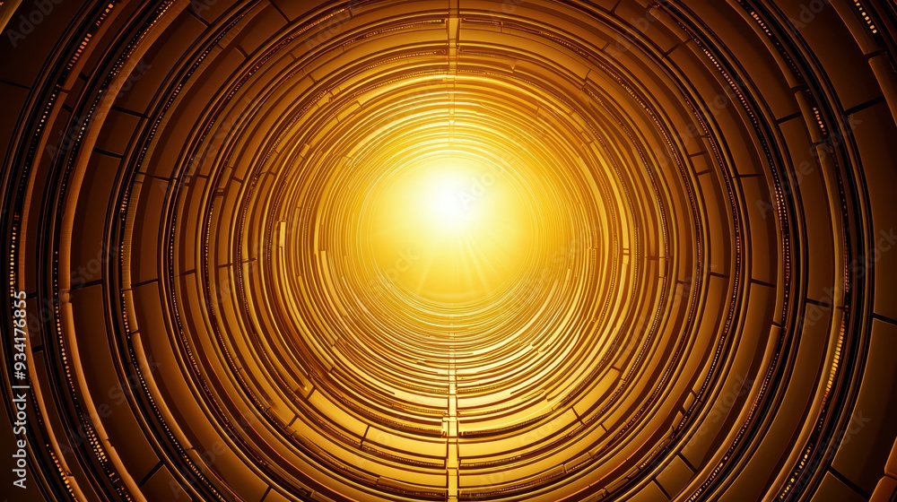 Poster a mesmerizing golden tunnel radiating light, creating a sense of depth and wonder in an abstract dig