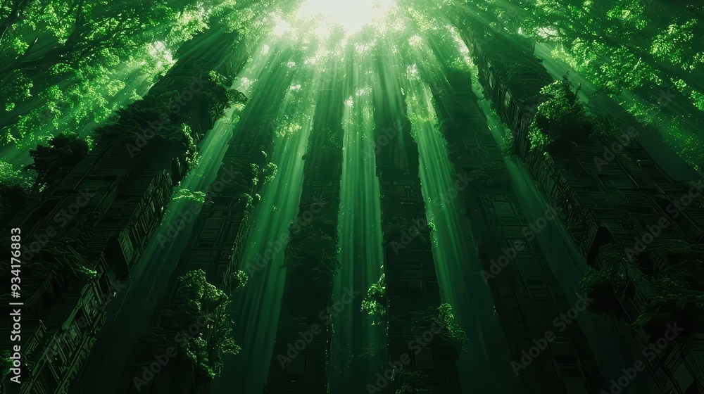 Poster a mesmerizing view of towering trees bathed in radiant green light, creating an enchanting and seren