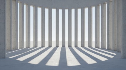 Obraz premium A modern architectural interior featuring concrete pillars and dramatic shadows, creating a serene and minimalistic atmosphere.