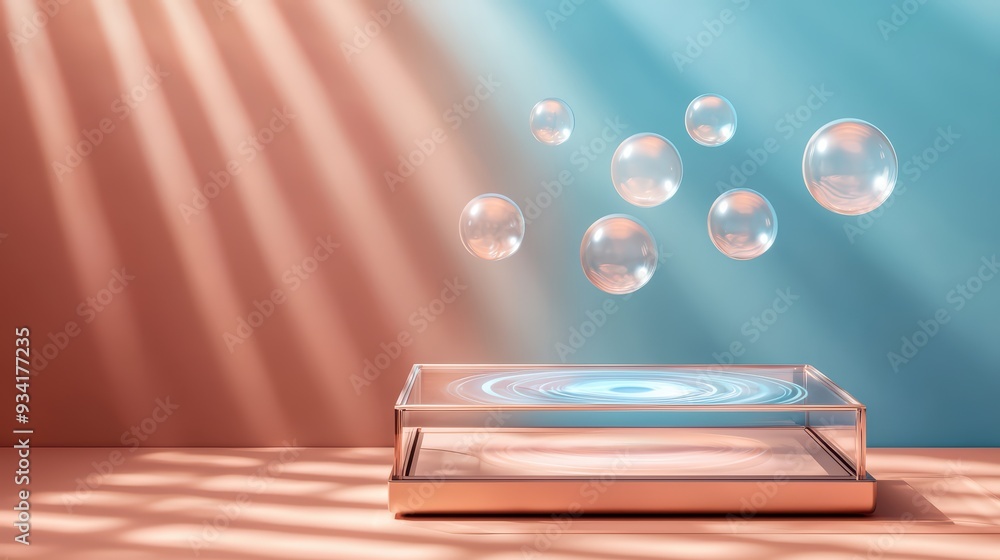 Poster a modern display with bubbles floating above, highlighting creativity and tranquility. perfect for p