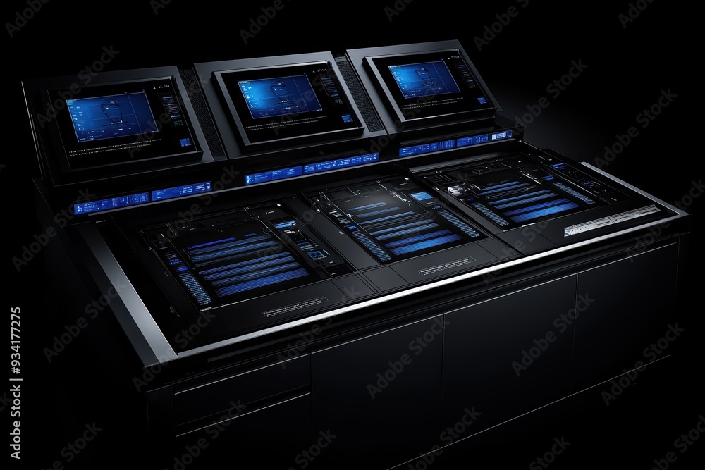Poster a modern control panel featuring advanced technology with multiple screens and sleek design for high